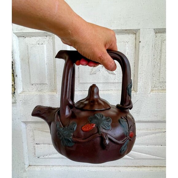 Vintage Clay Pumpkin Chinese Yixing Teapot Vines Big Stem Handle Signed - Picture 13 of 16